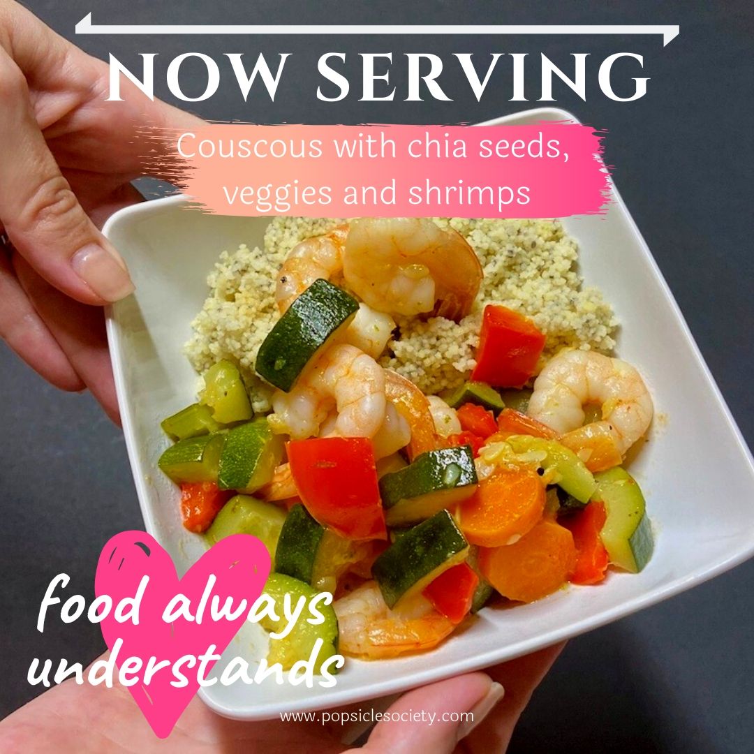 Couscous with chia seeds, veggies and shrimps