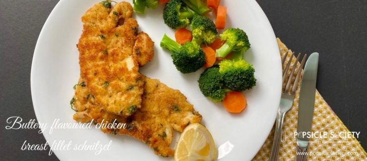 Buttery flavoured chicken breast fillet schnitzel